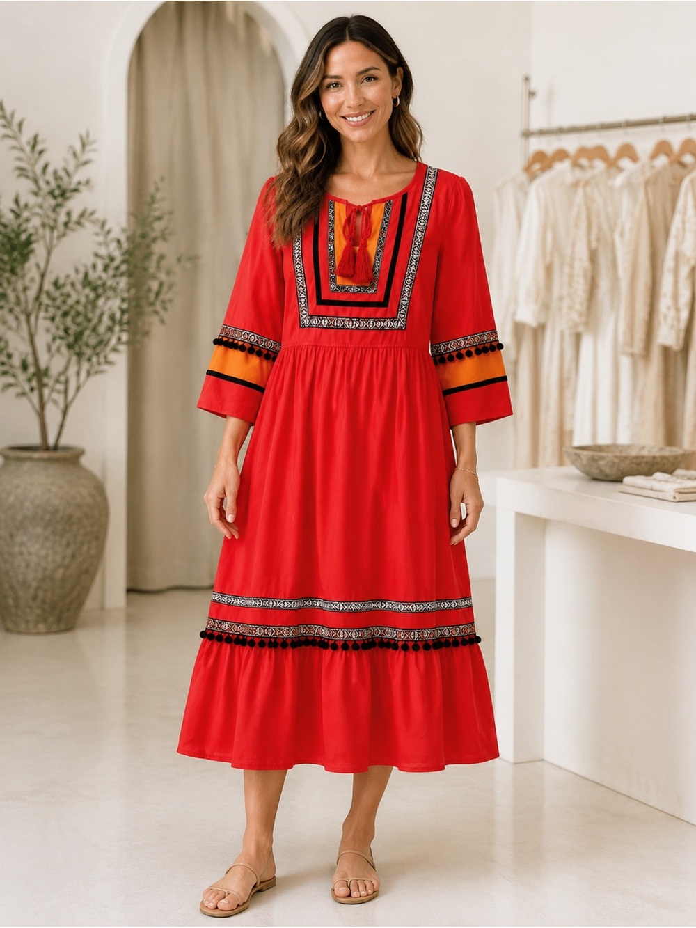 crown & ivy Red Midi Dress with Embroidered Yoke and Tassel